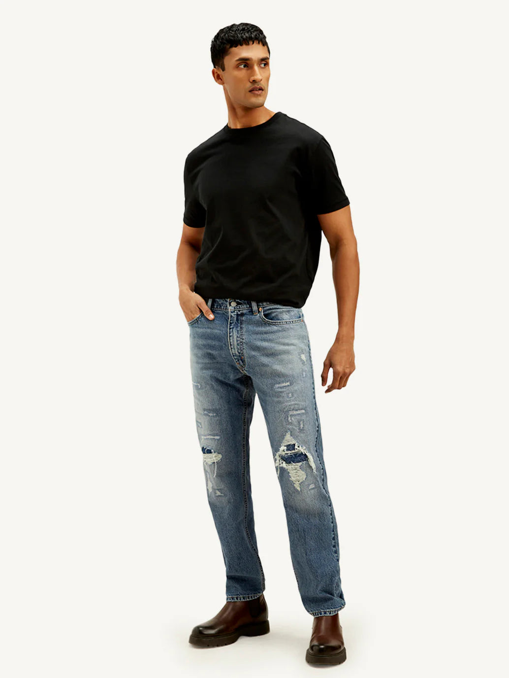 Trendy Mens Blue Loose Fit Mid Rise Jeans Comfortable Cotton Blend