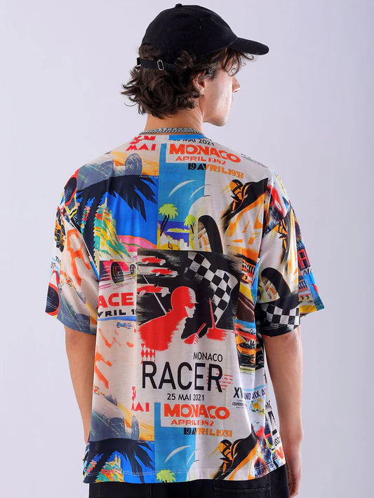 Casual Beige Oversized T Shirt Mens Abstract Printed Round Neck