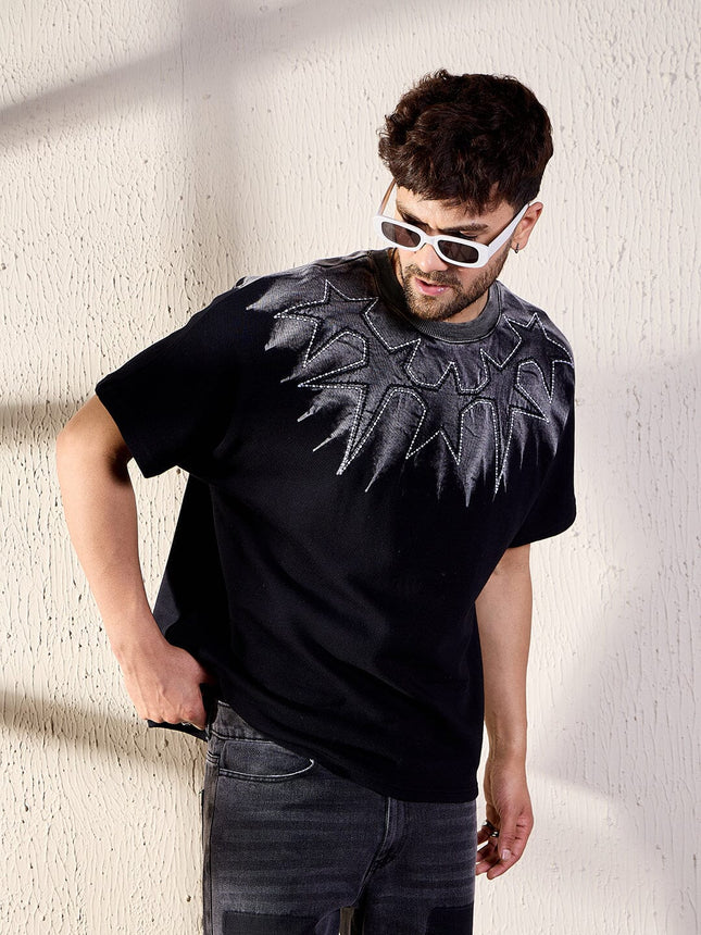 Black Oversized T Shirt Ombre Star Embroidery Mens Streetwear