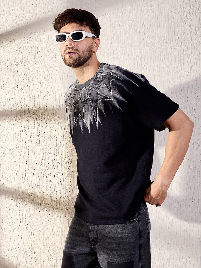 Black Oversized T Shirt Ombre Star Embroidery Mens Streetwear