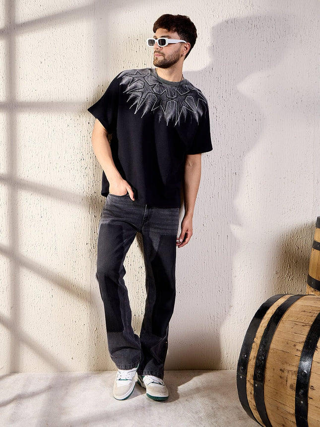 Black Oversized T Shirt Ombre Star Embroidery Mens Streetwear