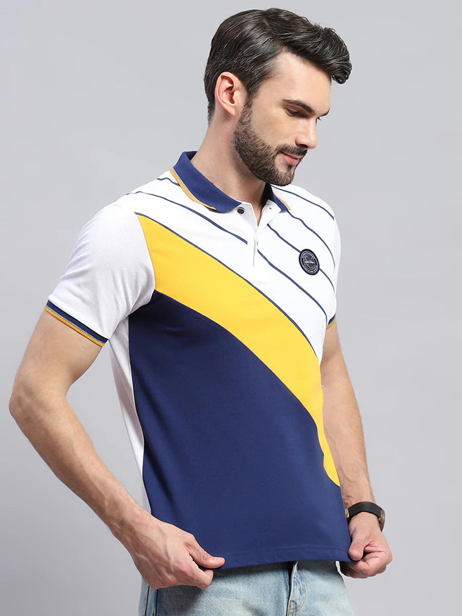 Classic White Half Sleeve T-Shirt for Men with Bold Blue Stripe Collar Perfect for Smart Everyday Wear