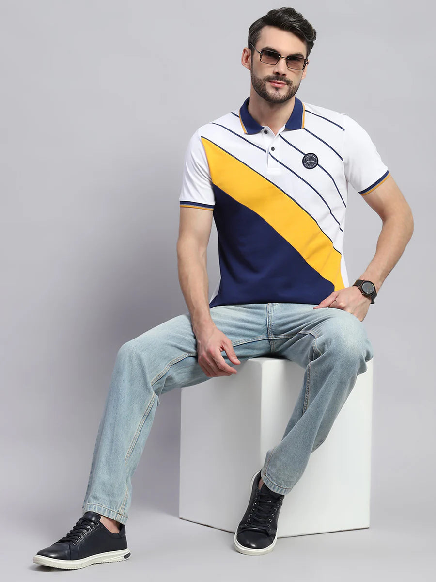 Classic White Half Sleeve T-Shirt for Men with Bold Blue Stripe Collar Perfect for Smart Everyday Wear