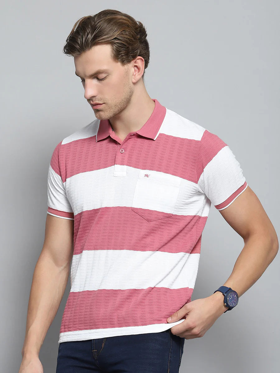 Pink Men’s Half Sleeve T-Shirt with Stripe Collar Perfect for Layering or Standalone Casual Outfits