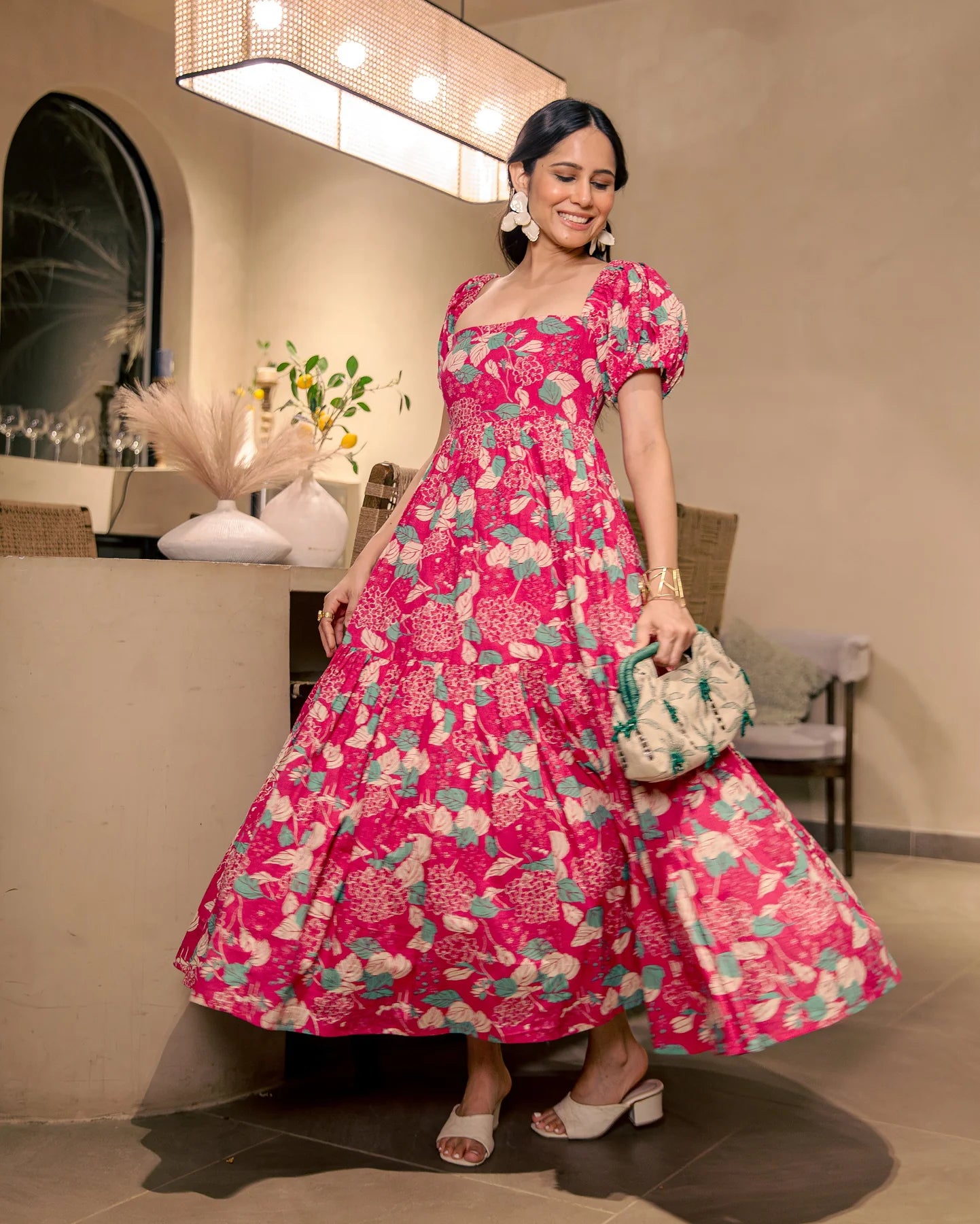 Rose Mist Pink Cotton Printed Dress for Women with Modern Western Style