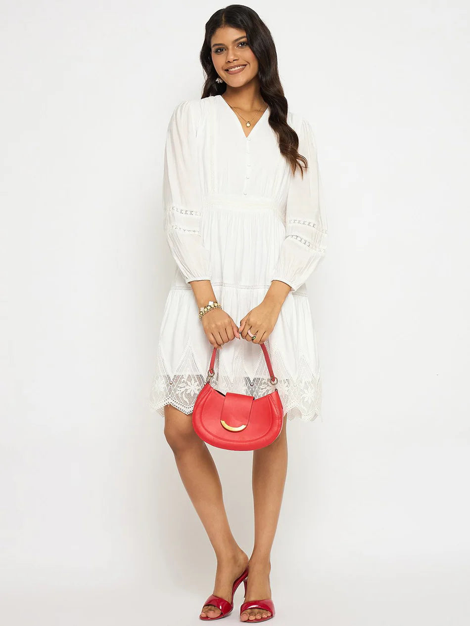 White Rayon Blend Dress with Lace Detailing Women’s Outfit Perfect for Office, Outings, and Special Events