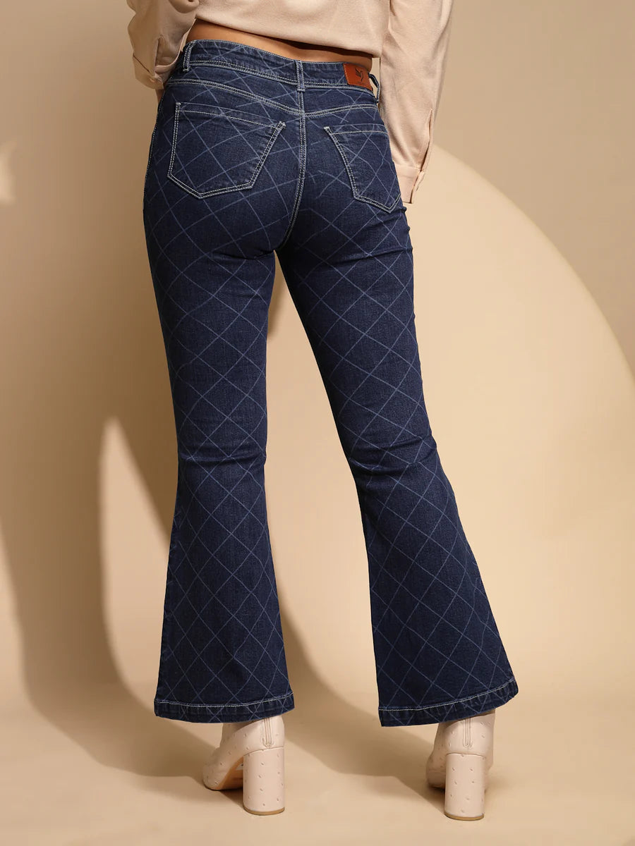 Designer Blue Bootcut Jeans with Checkered Print Comfortable and Stylish Women’s Pants