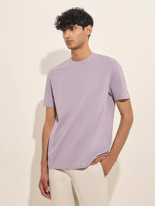 Elegant Lilac Cotton T-Shirt with Slim Fit Silhouette for Smart Casual Dressing