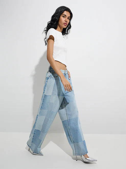 Stylish Light Blue Self Patterned High Rise Jeans Loose Fit Perfect for Streetwear