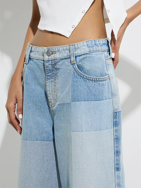 Stylish Light Blue Self Patterned High Rise Jeans Loose Fit Perfect for Streetwear