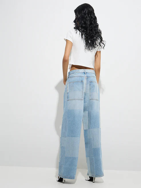 Stylish Light Blue Self Patterned High Rise Jeans Loose Fit Perfect for Streetwear