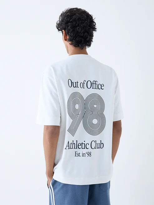Durable White Printed Relaxed Fit Cotton Blend T Shirt with Soft Breathable Material