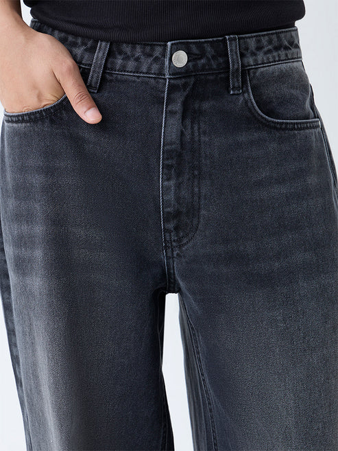 Trendy Charcoal Faded Relaxed Fit Mid Rise Jeans Soft Comfortable Fabric Ideal for College, Travel, and Weekend Looks