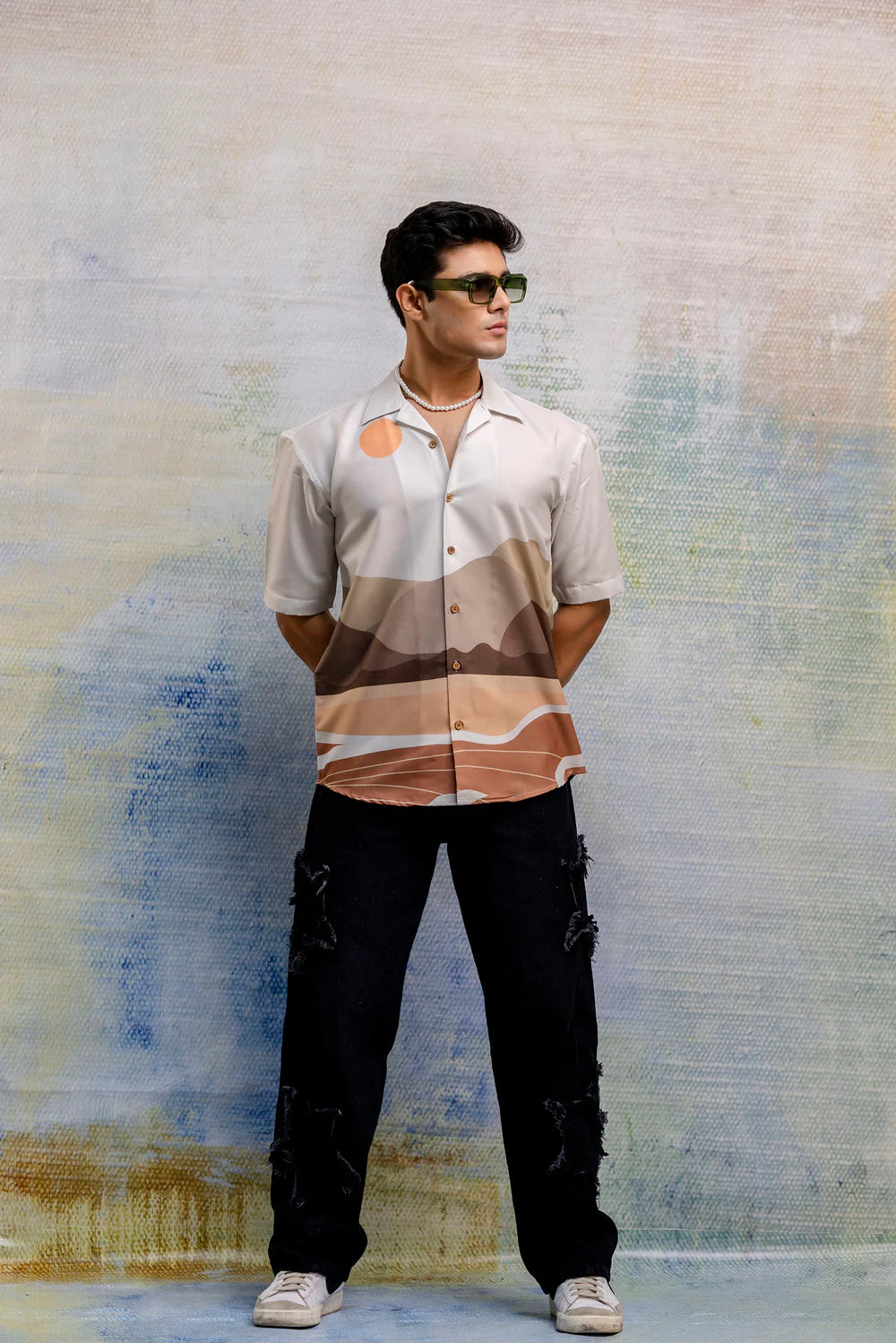 Linen Oversize Shirt with Cuban Collar Stylish Fusion Print Perfect for Everyday Wear