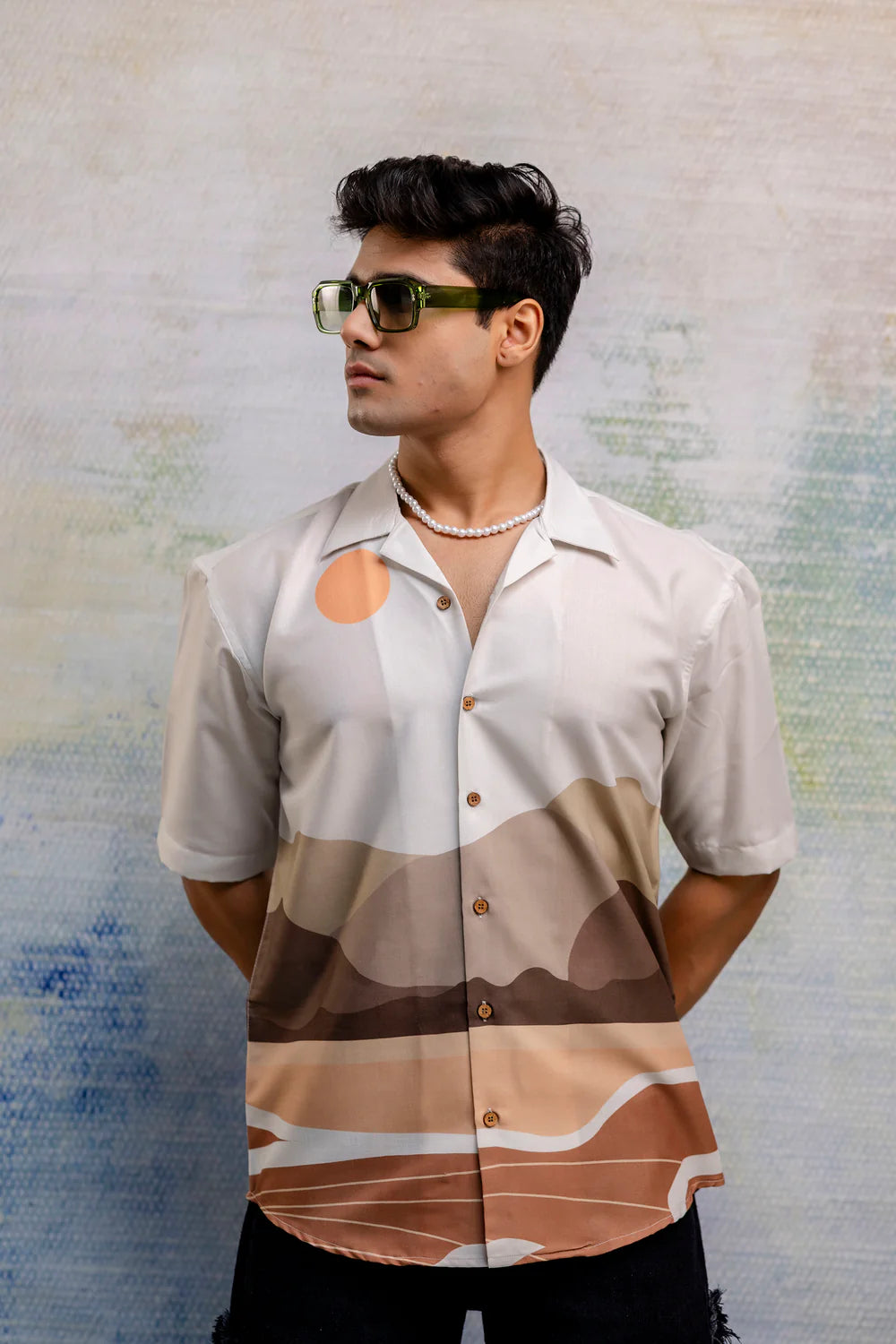 Linen Oversize Shirt with Cuban Collar Stylish Fusion Print Perfect for Everyday Wear