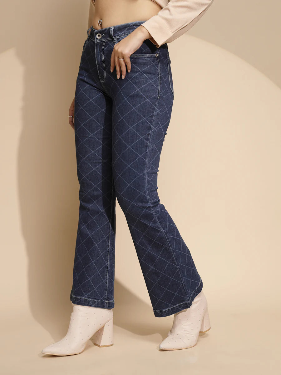 Designer Blue Bootcut Jeans with Checkered Print Comfortable and Stylish Women’s Pants