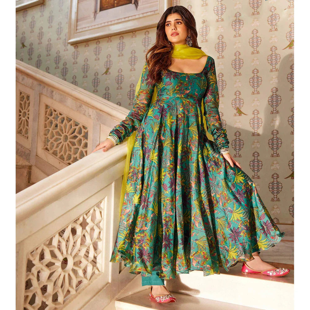 Rama Green Digital Printed Floral Anarkali Style Suit in Chanderi Fabric