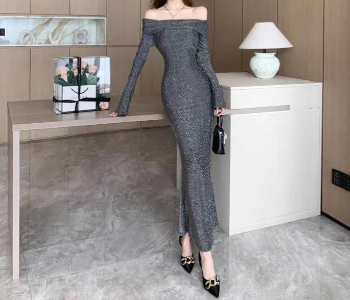 Stylish Chicca Off Shoulder Bodycon Evening Dress Elegant Fit Perfect for Parties and Evening Events