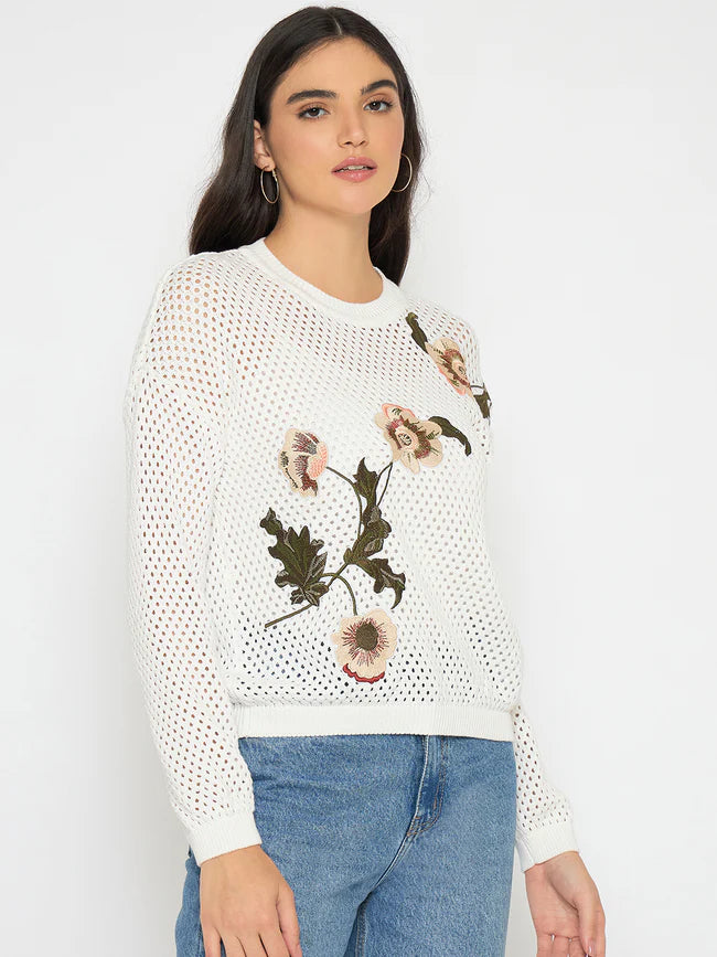 Fashionable Women’s Embroidered Semi Sheer Off White Knitted Top Comfortable Casual Loose Fit Top