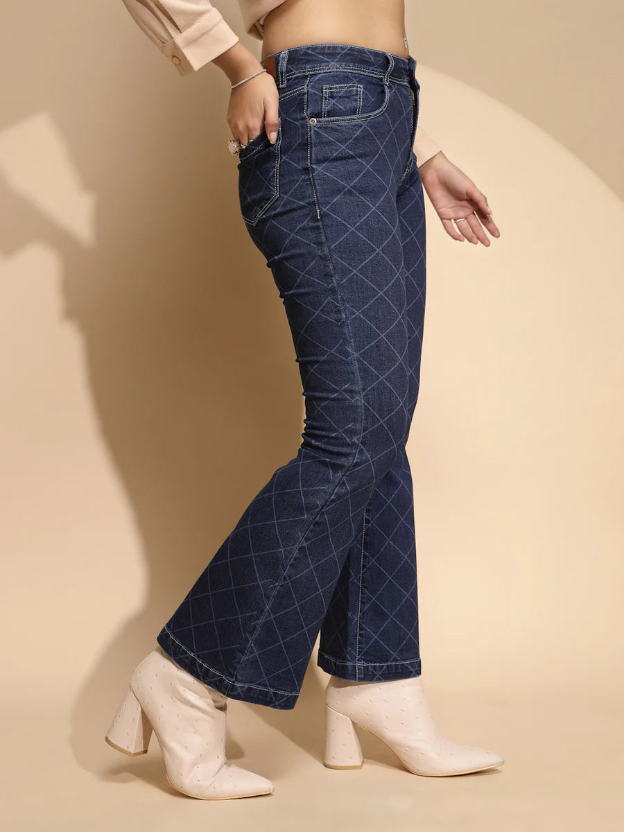 Designer Blue Bootcut Jeans with Checkered Print Comfortable and Stylish Women’s Pants