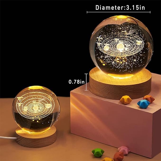 3D Glass Crystal Ball LED Night Lamp with Wooden Stand for Bedroom and Living Room