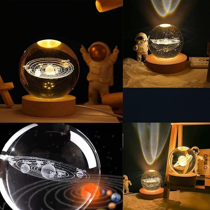 3D Glass Crystal Ball LED Night Lamp with Wooden Stand for Bedroom and Living Room