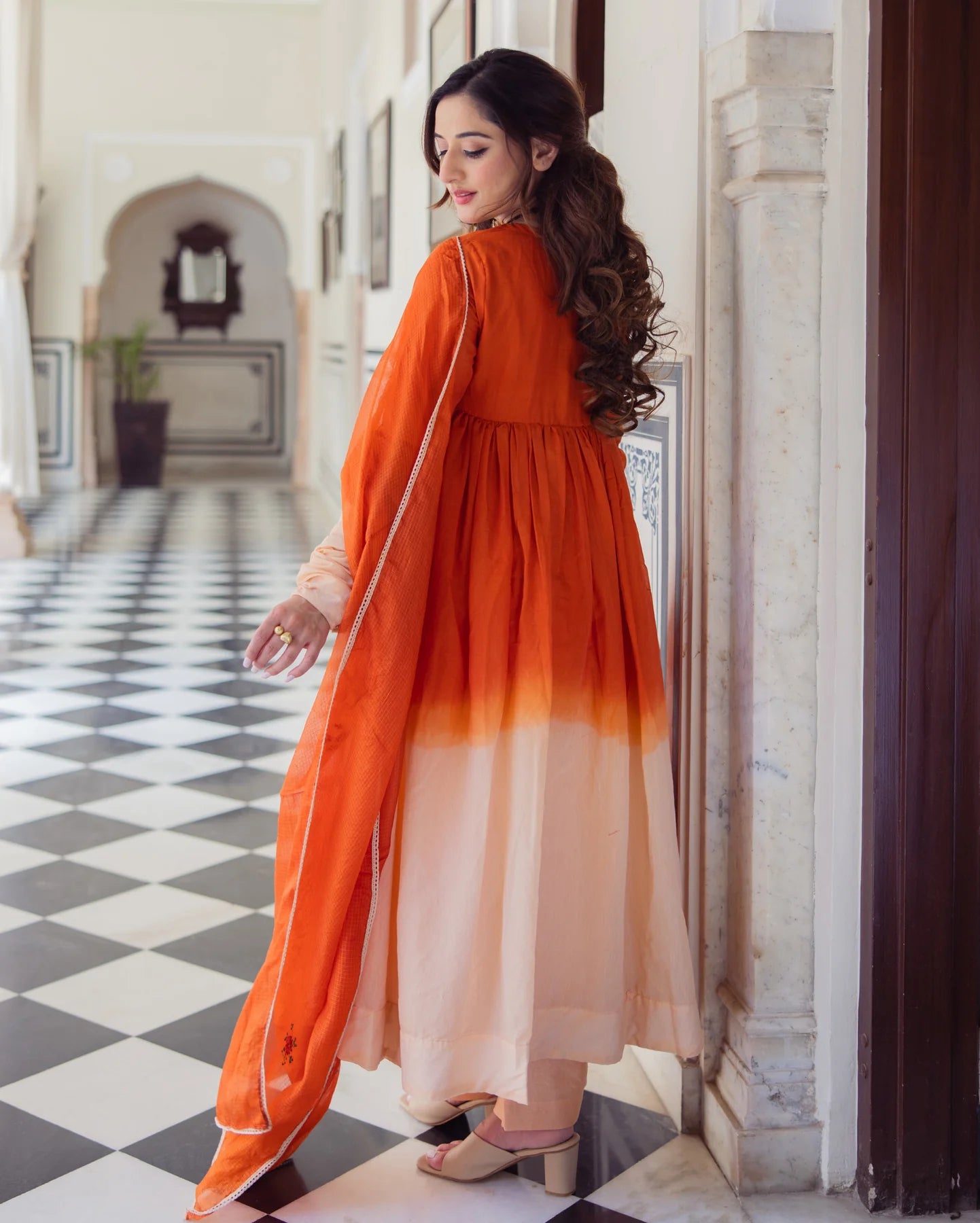 Women’s Drape Style Ombre Orange Chanderi Suit Set with Elegant Embroidered Finish