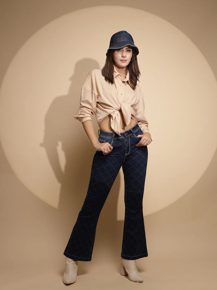 Designer Blue Bootcut Jeans with Checkered Print Comfortable and Stylish Women’s Pants