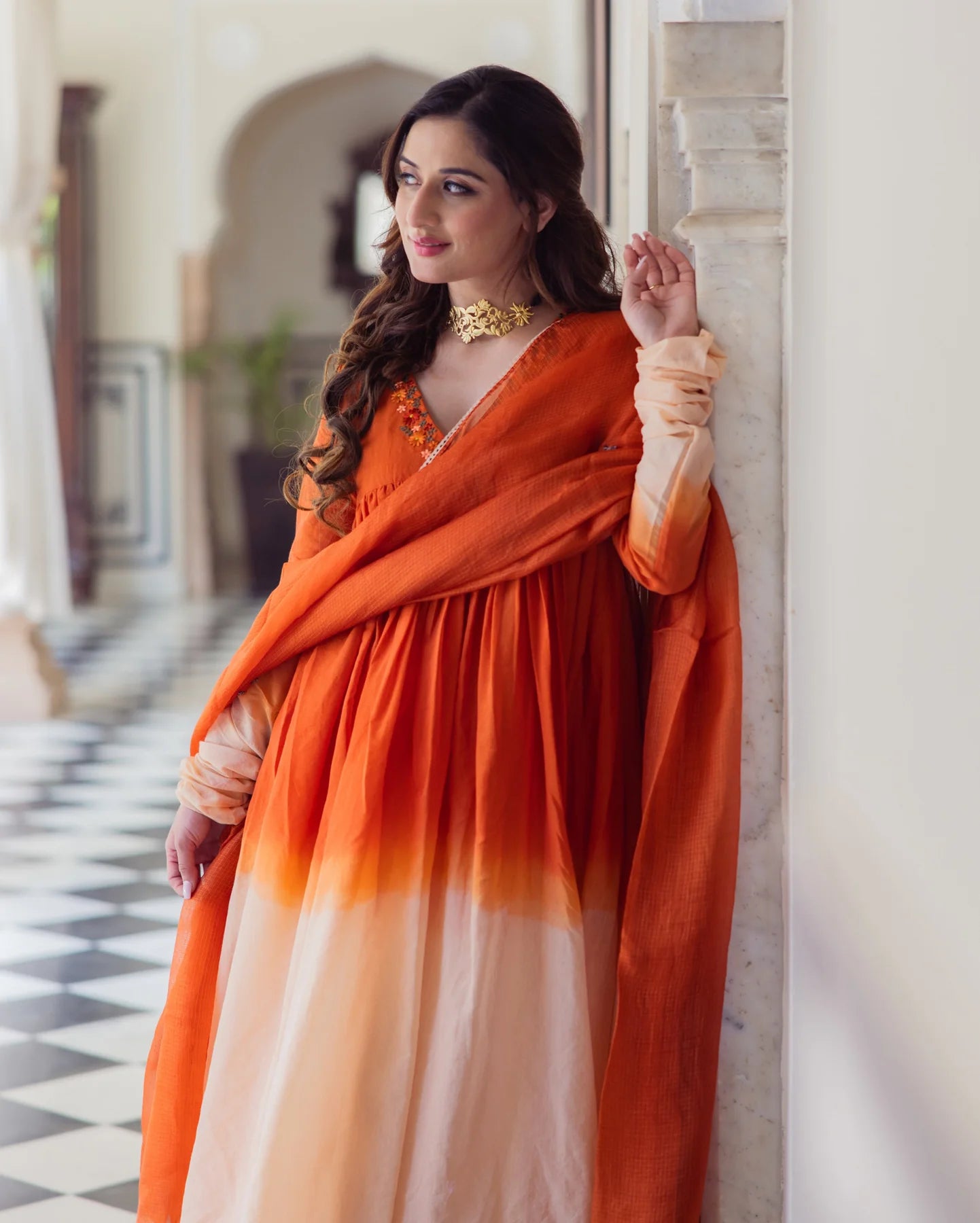 Women’s Drape Style Ombre Orange Chanderi Suit Set with Elegant Embroidered Finish