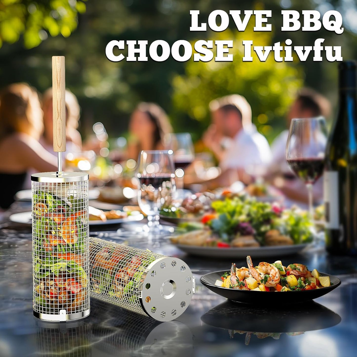 Stainless Steel BBQ Basket with Wooden Handle Portable Rolling Grill for Vegetables