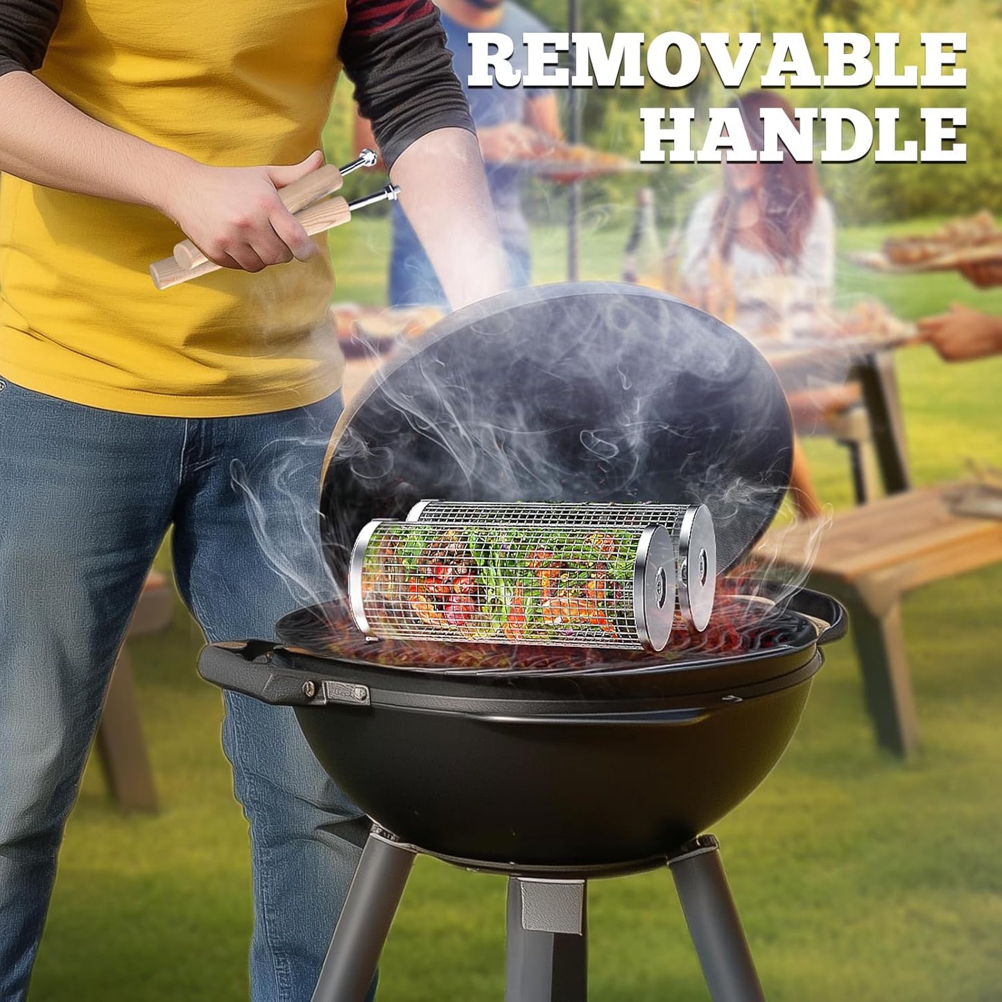 Stainless Steel BBQ Basket with Wooden Handle Portable Rolling Grill for Vegetables
