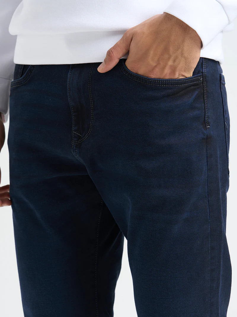 Durable Dark Blue Mid Rise Straight Fit Jeans with Authentic Denim Look