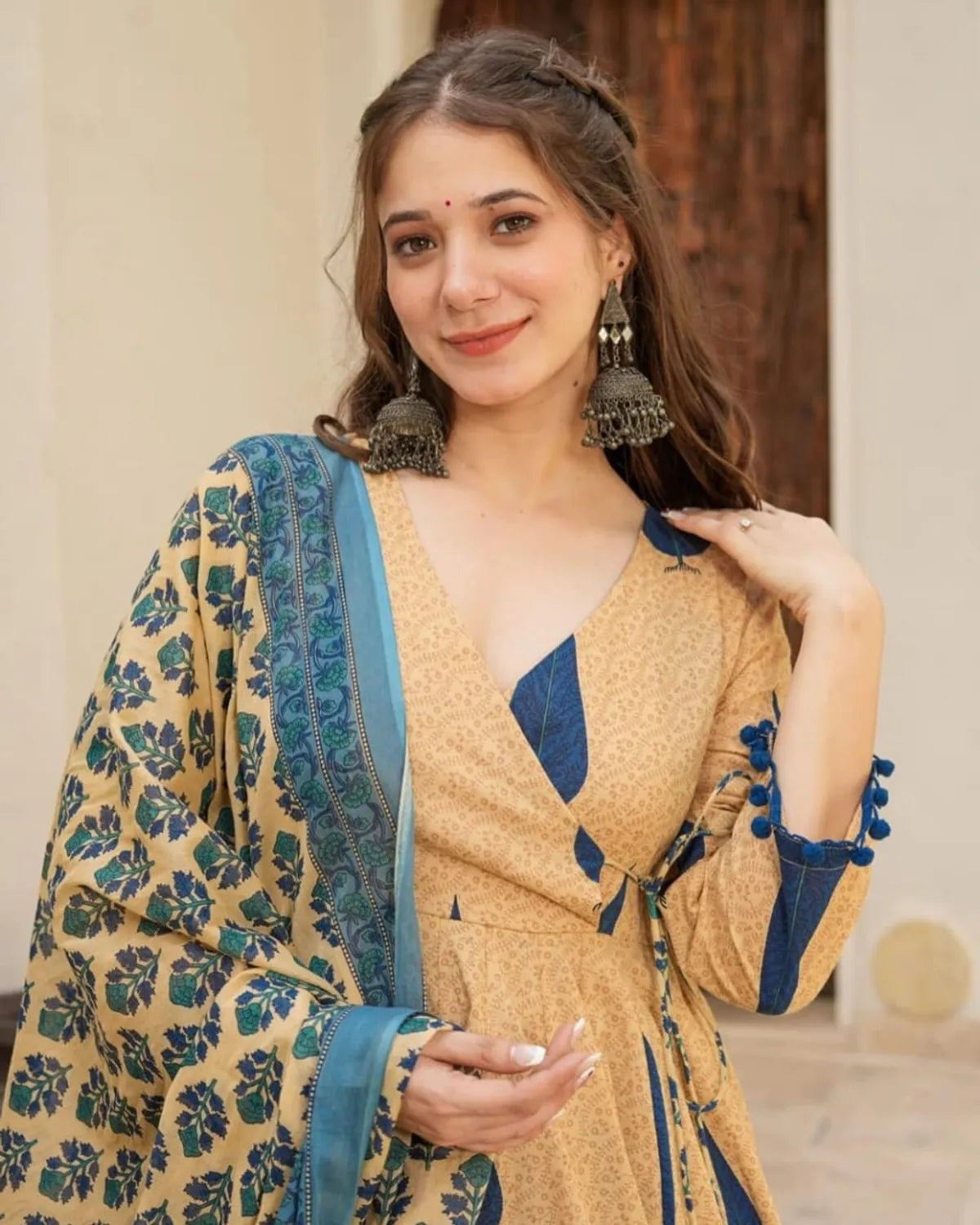 Traditional Blue and Brown Cotton Kurta with Pant and Dupatta Ensemble