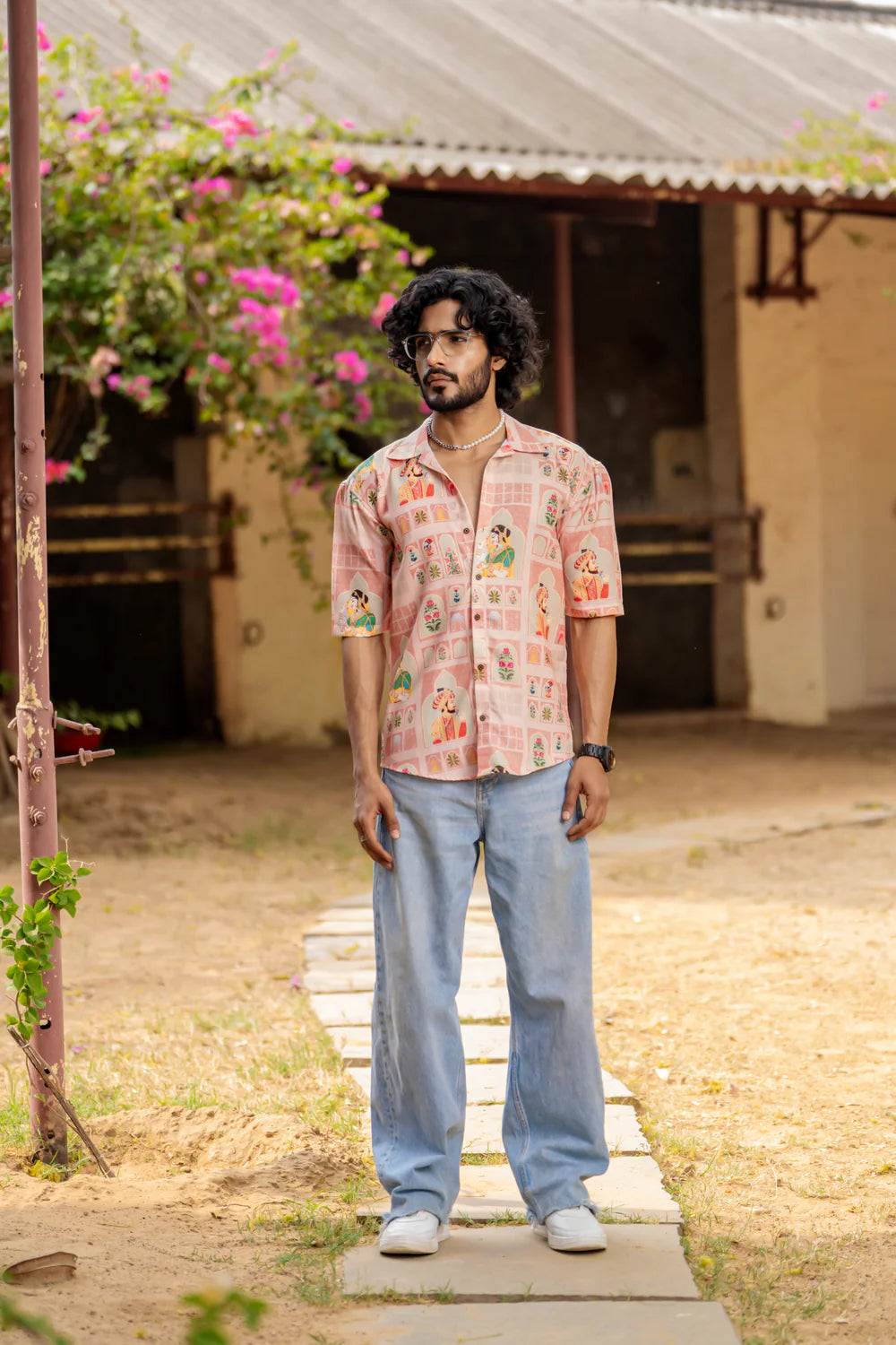 Lightweight Oversized Cuban Collar Shirt with Mughal Print Fusion Detailing