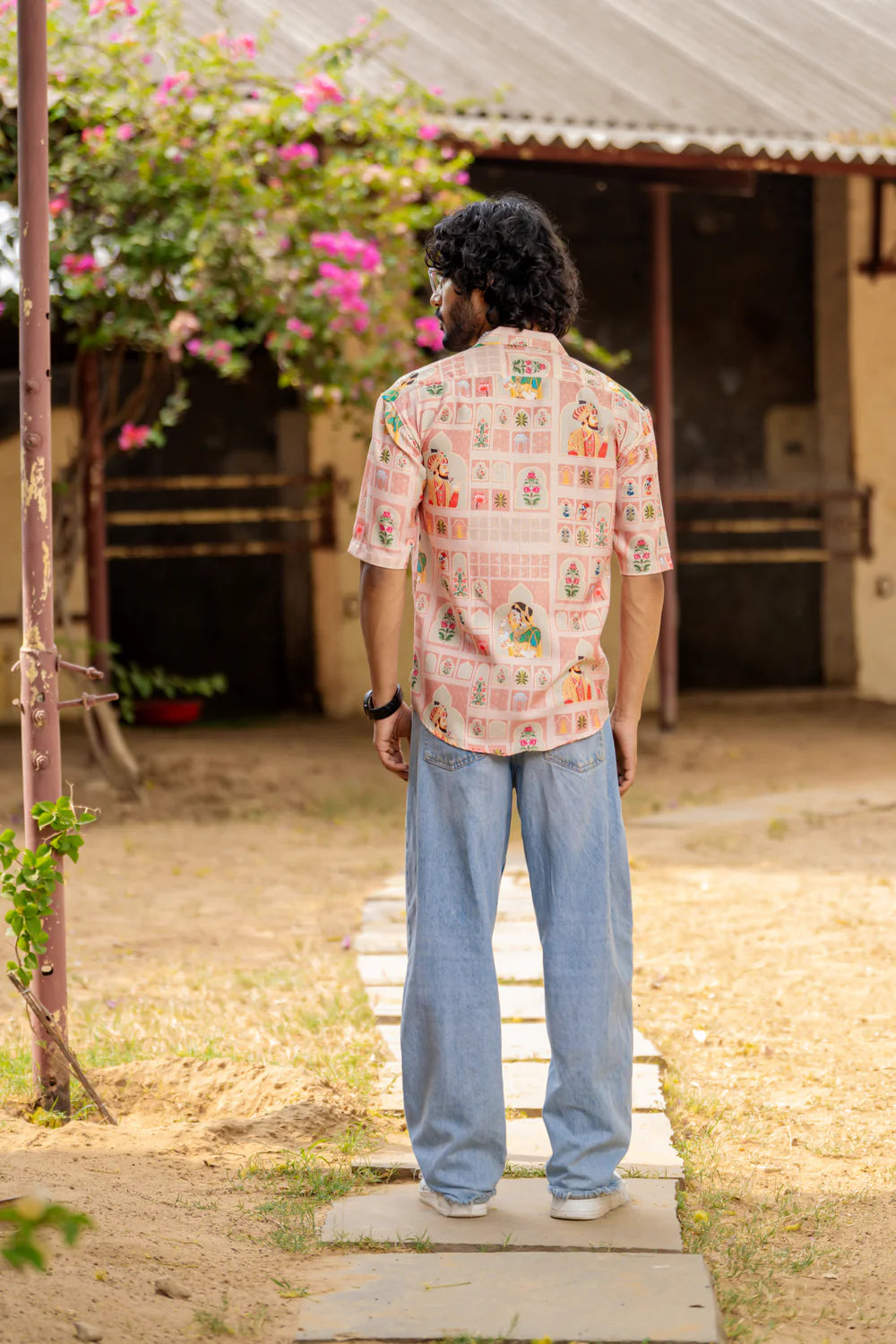 Lightweight Oversized Cuban Collar Shirt with Mughal Print Fusion Detailing