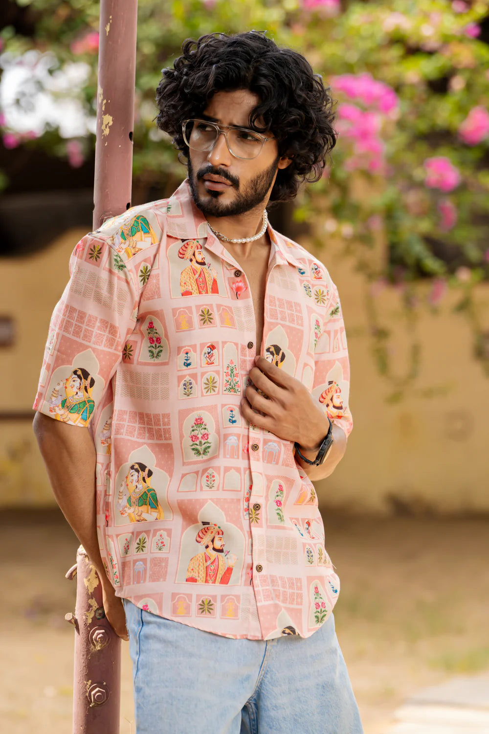 Lightweight Oversized Cuban Collar Shirt with Mughal Print Fusion Detailing