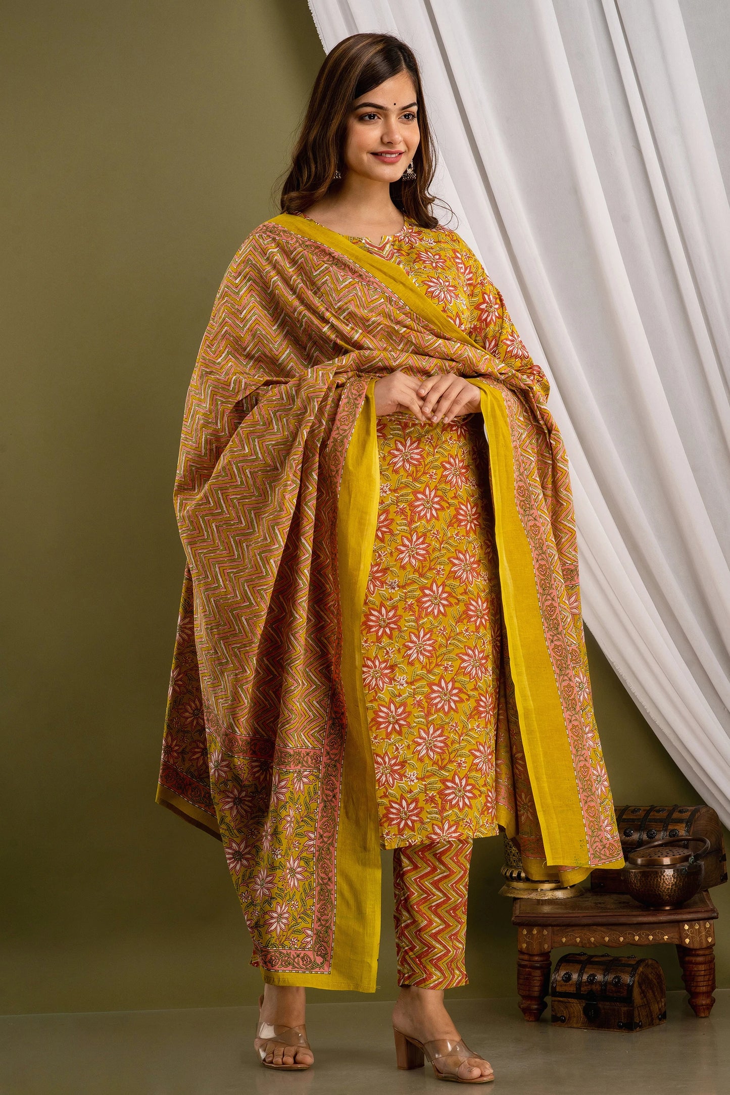 Cotton Fabric Mustard Yellow Kurta Set with Printed Work for Women