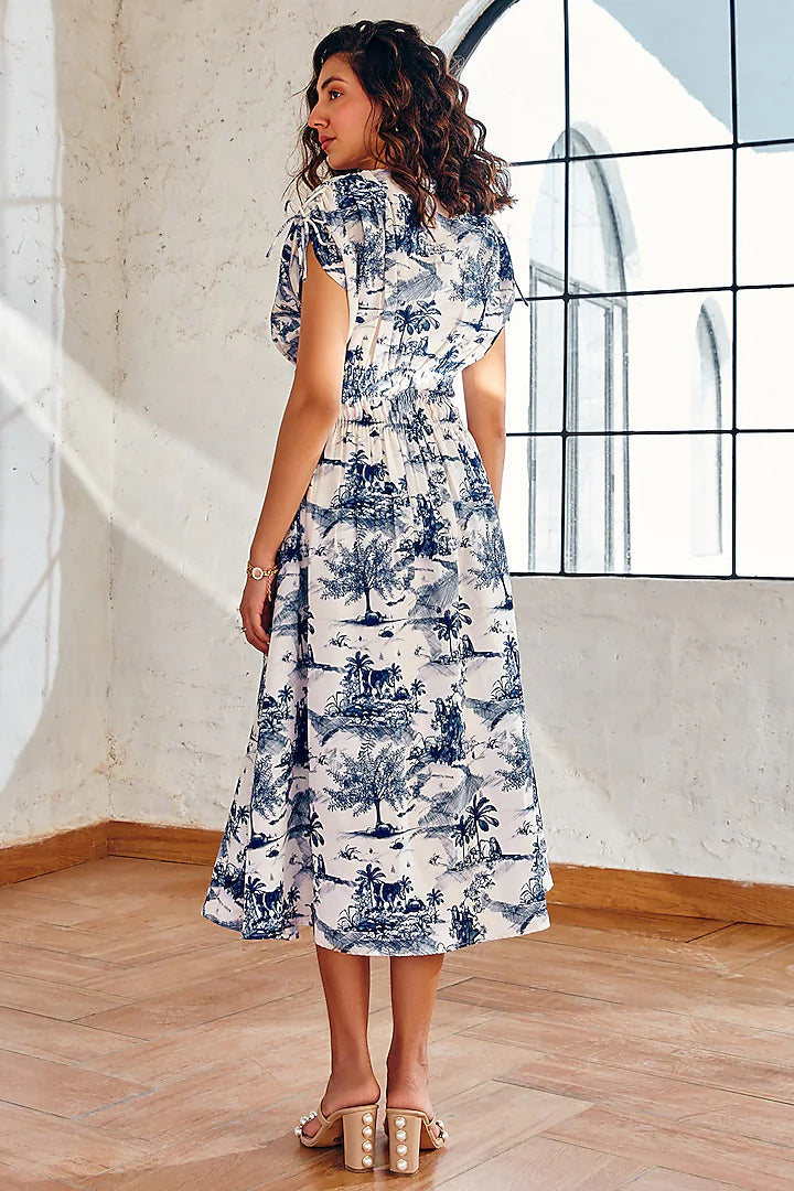 Off White and Ink Blue Cotton Linen Printed Midi Dress Elegant Outfit for Casual and Semi Formal Look