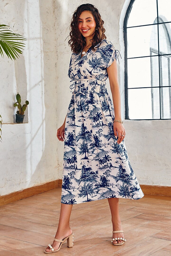 Off White and Ink Blue Cotton Linen Printed Midi Dress Elegant Outfit for Casual and Semi Formal Look