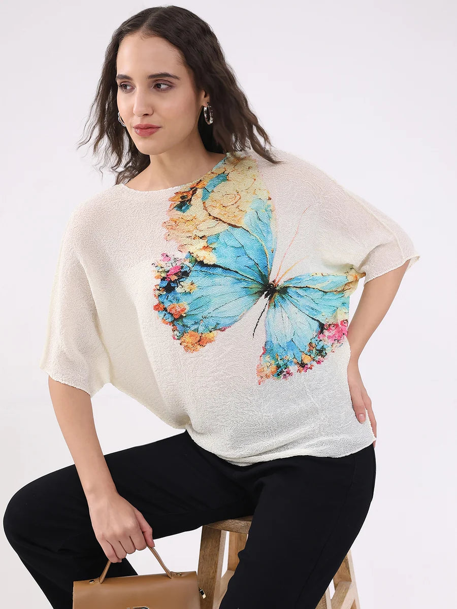 Summer Women’s Beige Butterfly Print Stretchable Top Comfortable Loose Fit Stylish Everyday Outfit
