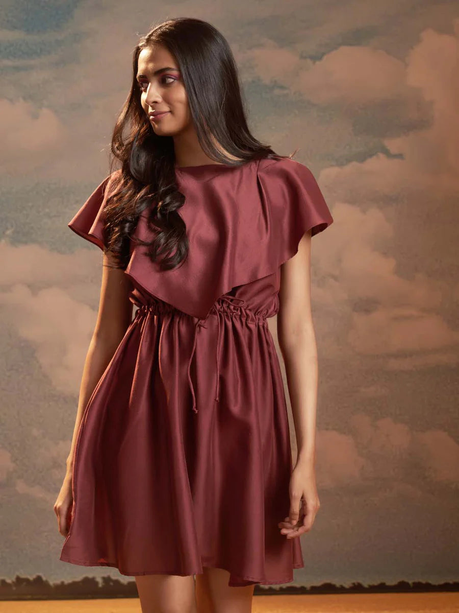 Maroon Solid Silk Blend Flared Mini Dress Elegant Outfit for Casual, Party, and Evening Look