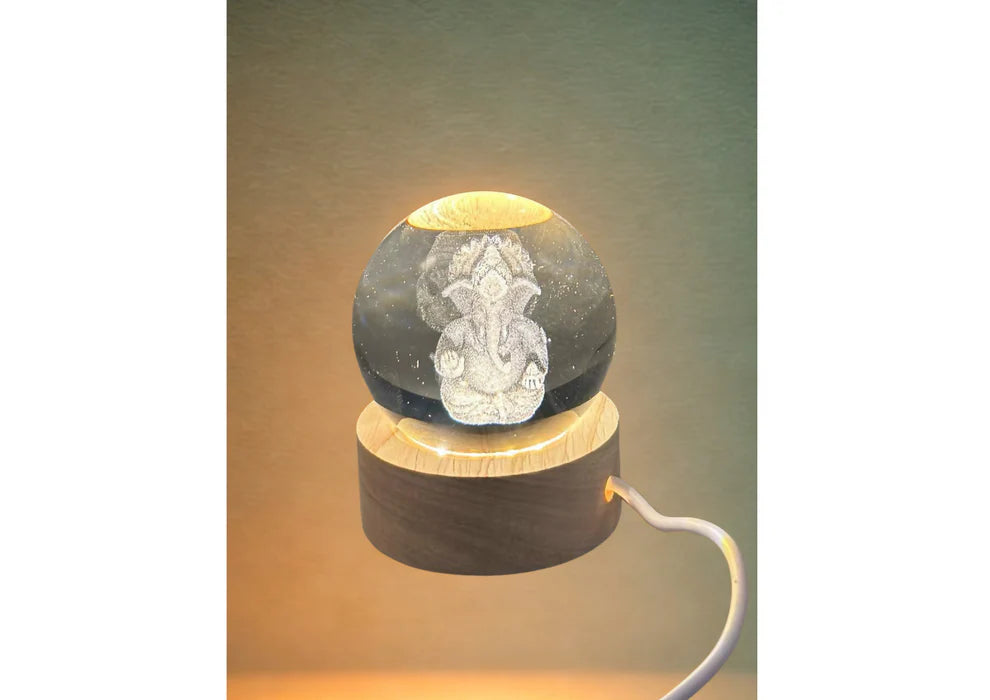 Decorative Crystal Ball Night Lamp with 3D Ganesha Engraving and LED Light