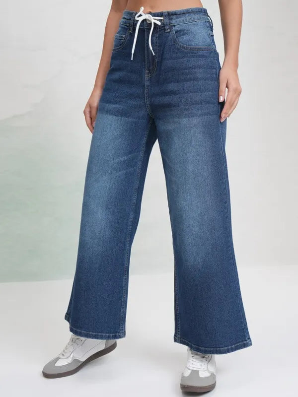 Blue Wide Leg Denim Jeans for Women Comfortable Stretchable Everyday Trousers