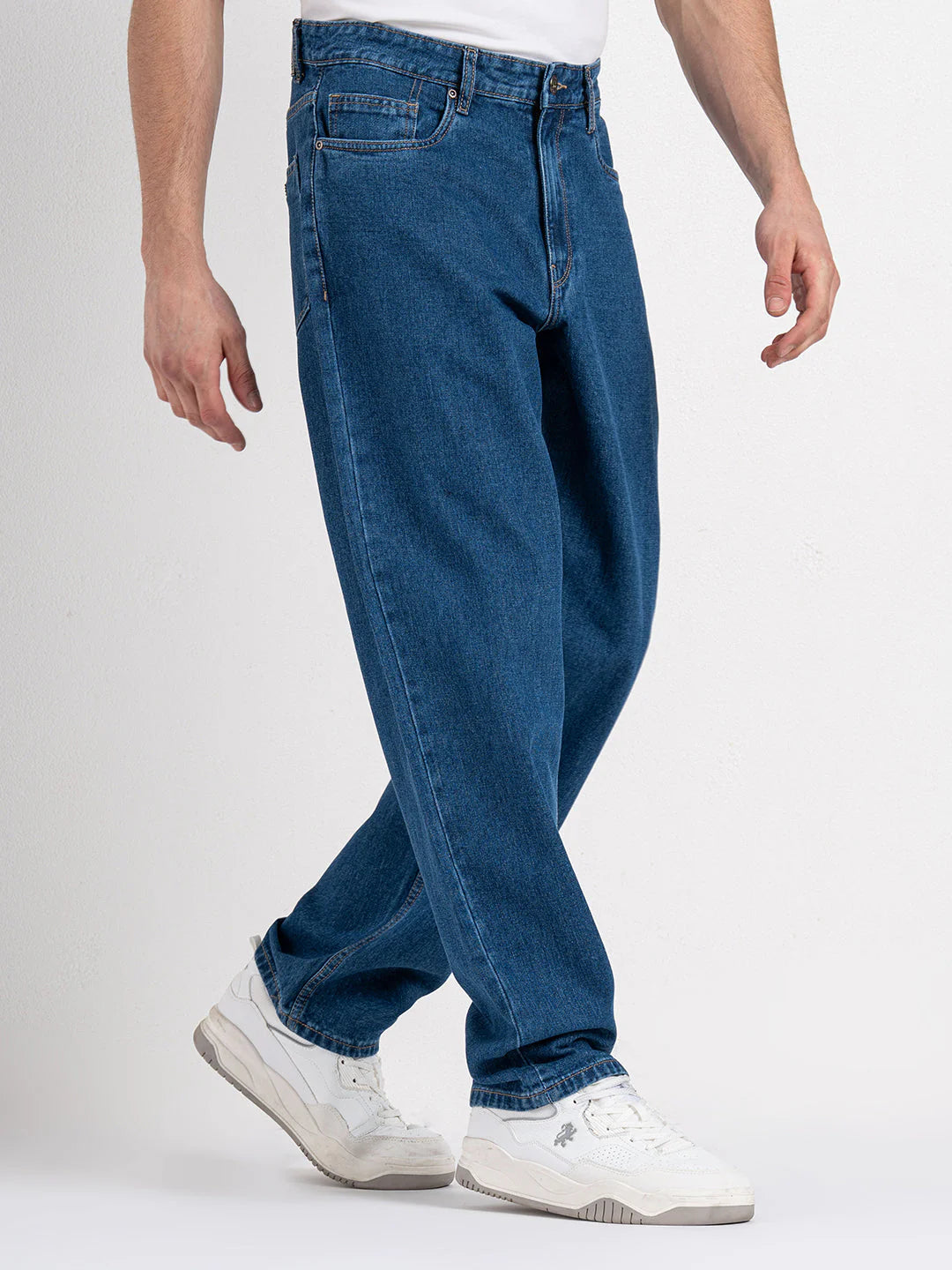 Relaxed Fit Baggy Mid Blue Jeans for Men with Comfortable Cotton Fabric