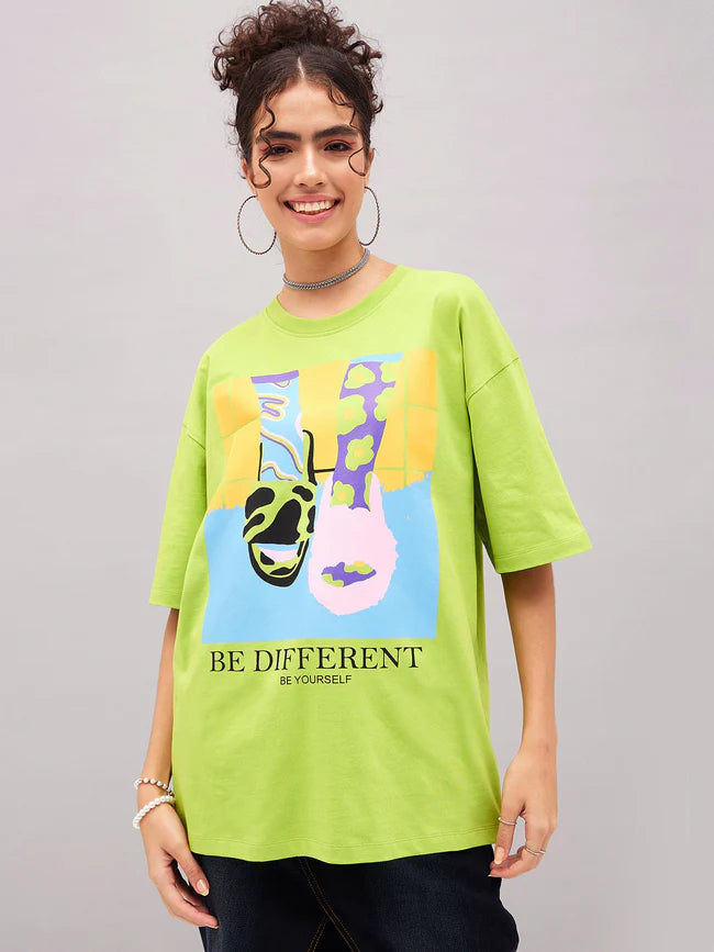 Oversized Graphic T-Shirt for Women Green Be Different Style
