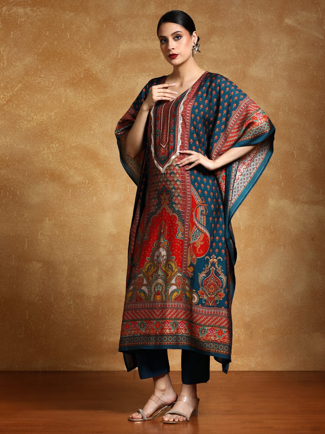 Graceful Zari and Sequin Detailed Ethnic Kaftan Trouser Set for Women