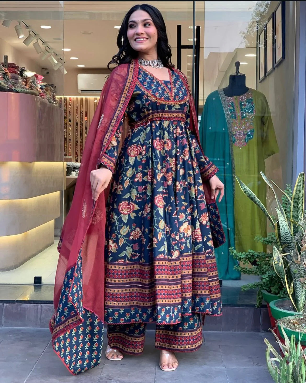 Women’s Stylish Printed Cotton Kurta Set with Pant and Dupatta Detailed with Sequins and Crochet Lace