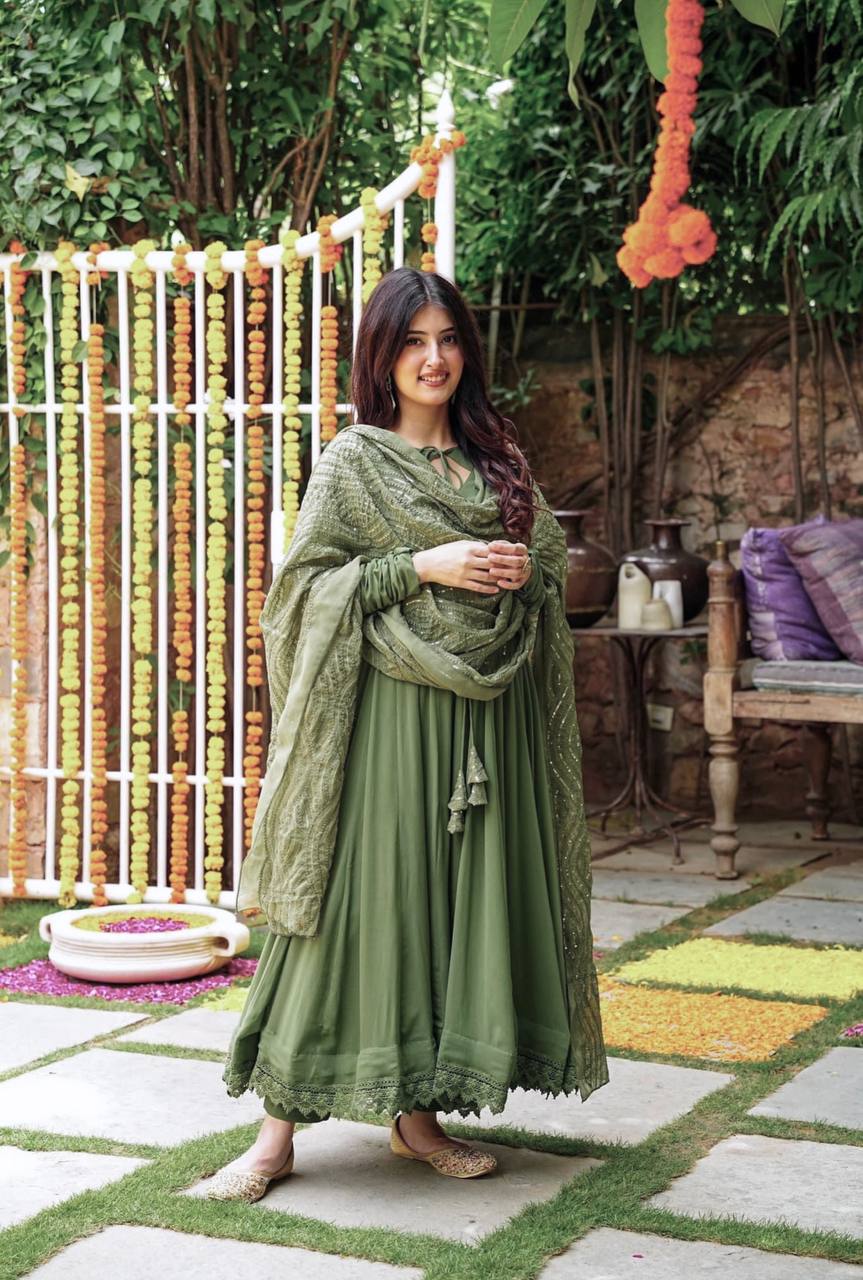 Women’s Mehndi Color Formal Gown with Handcrafted Work Dupatta