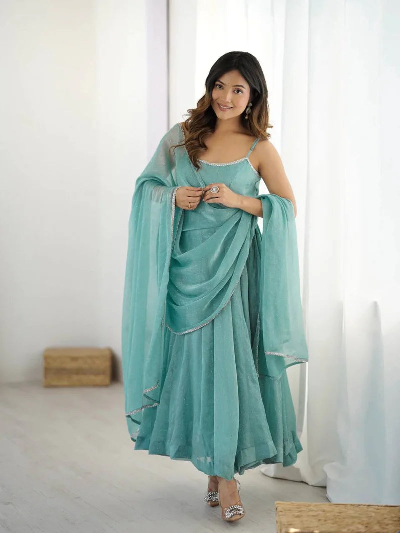 Elegant Mint Grace Silk Anarkali Set with Comfortable Fit and Sophisticated Look