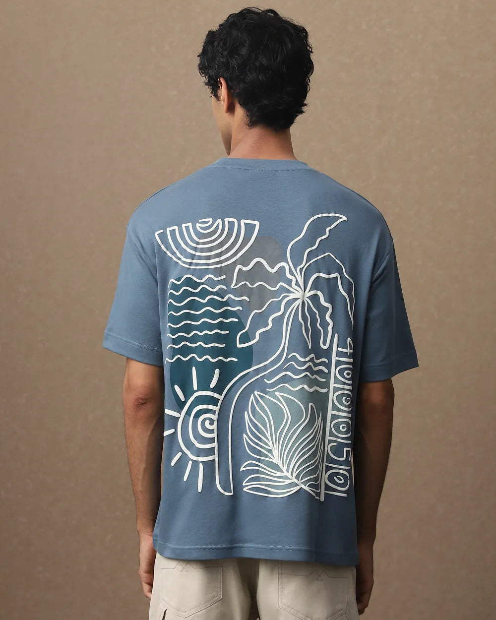 Loose Fit Oversized Tee Blue Grey Back Print Mens Fashion
